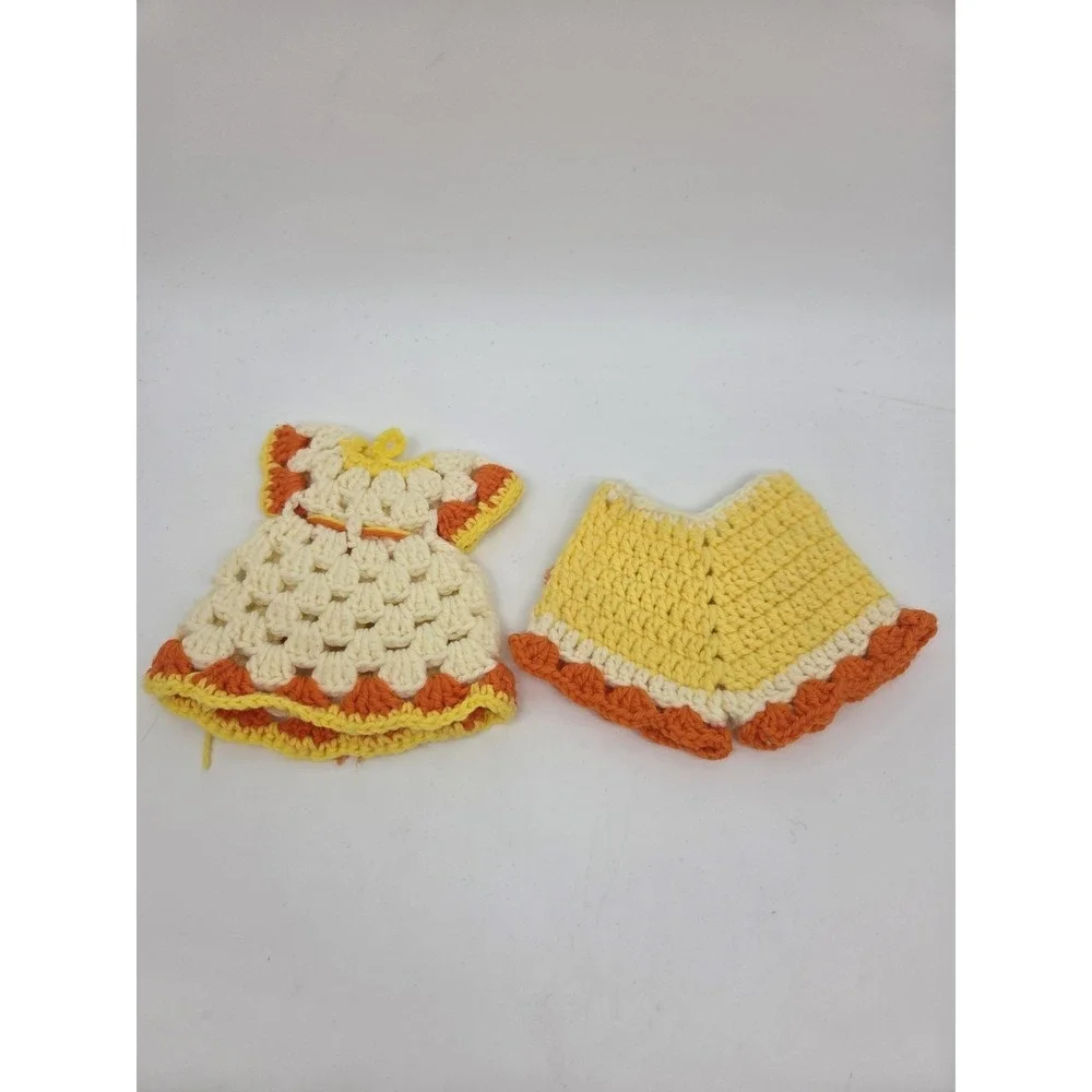 Lot of 2 Vintage Crochet Pot Holders Yellow Dress Pants Granny Core